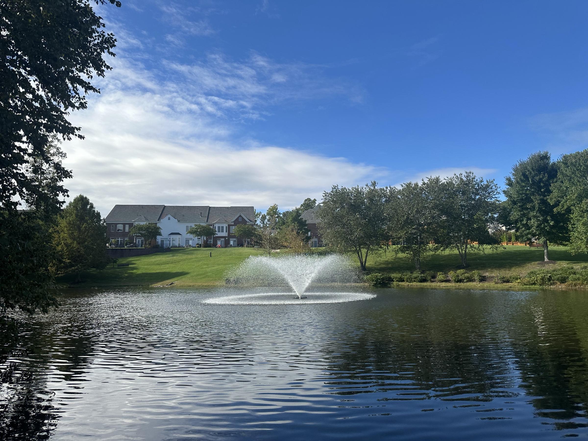 Pond and fountain at Grayson Hill with homes beyond
