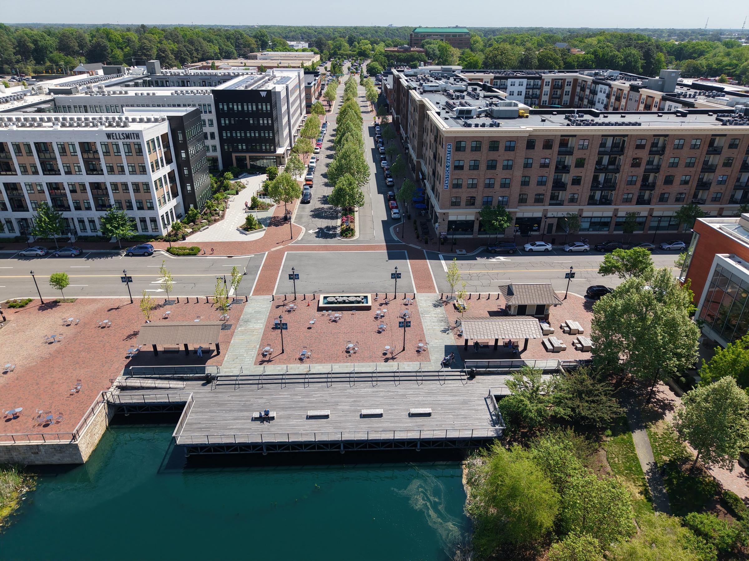Aerial view of the plaza, boardwalk and buildings at Libbie Mill
