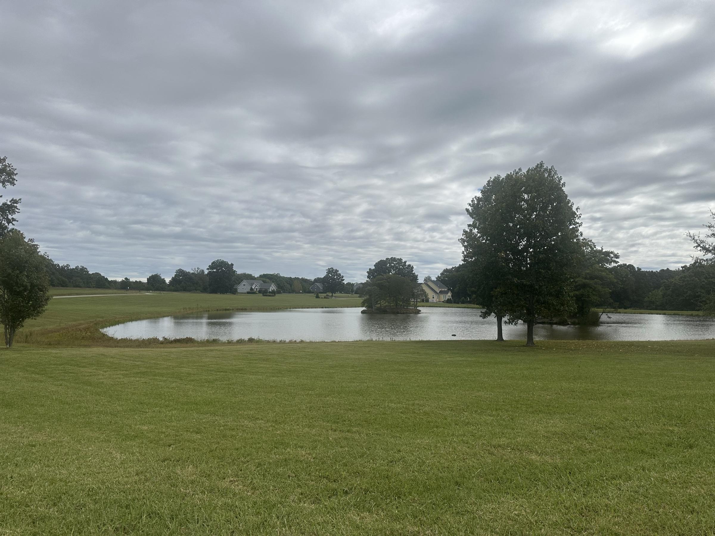 A pond and open lawn at Tilman Farms under a cloudy sky